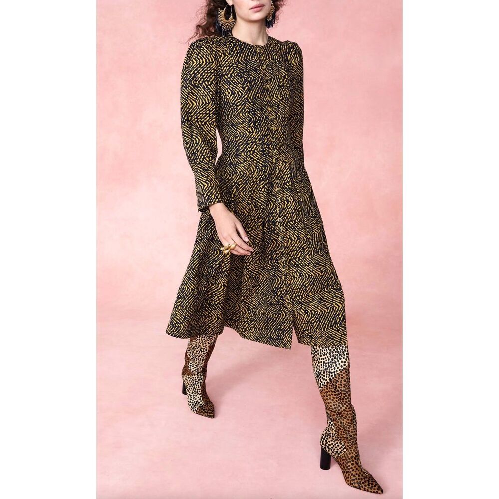 Ulla Johnson Black and Gold Printed Long-Sleeve Midi Dress